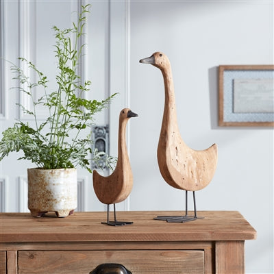 Natural Fir Wood Goose Figurine with Rustic Metal Accents (Set of 2)