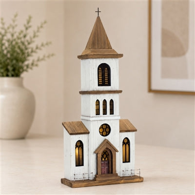Lighted Natural Wooden Church Display with Rustic Metal Accents 25.25"H