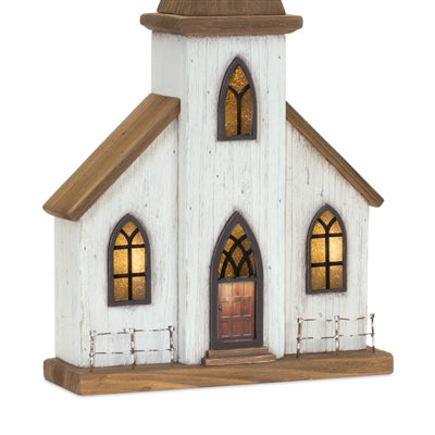 Lighted Natural Wooden Church Display with Rustic Metal Accents 17.5"H