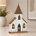 Lighted Natural Wooden Church Display with Rustic Metal Accents 17.5"H