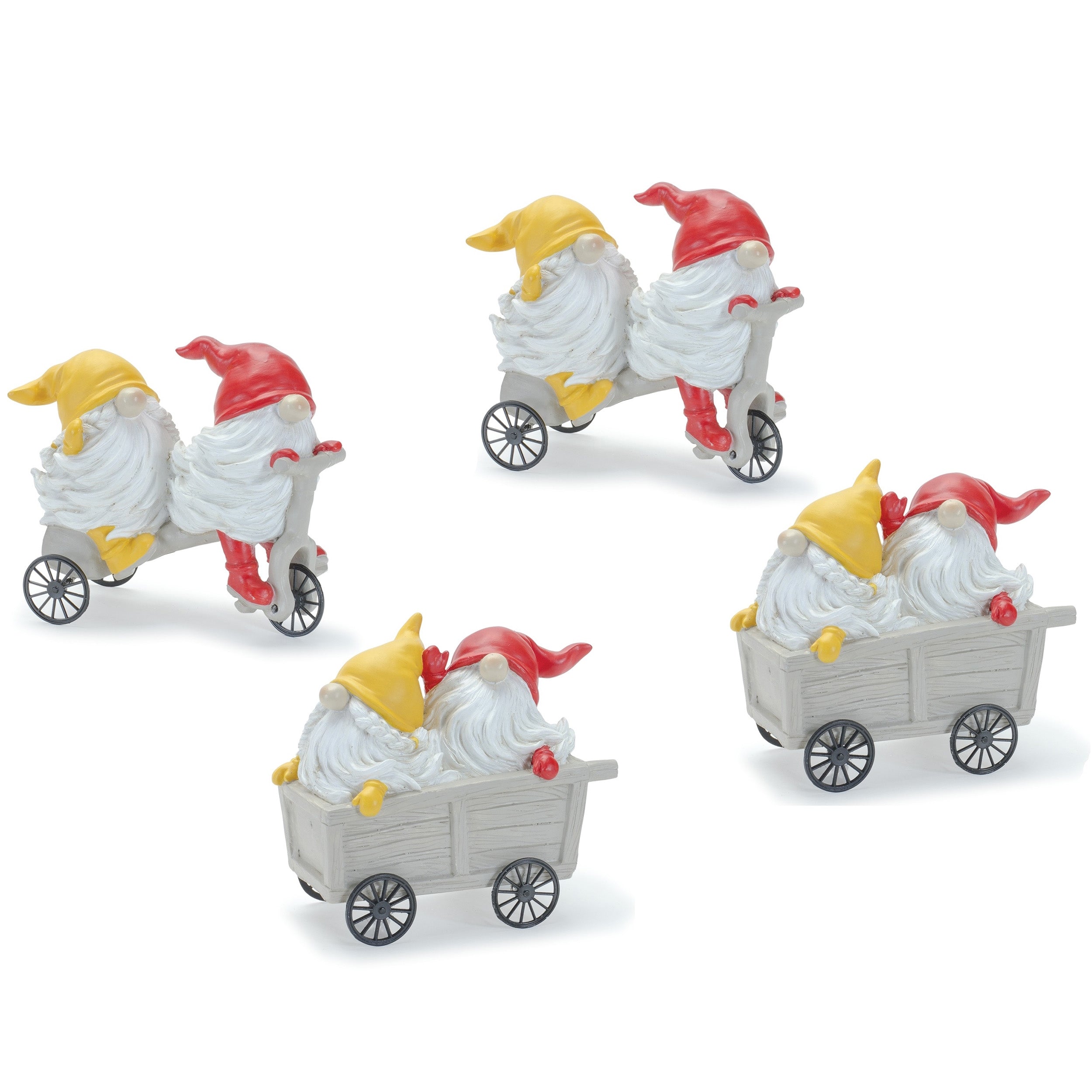 Whimsical Garden Gnome Figurine Riding a Scooter and Wheelbarrow (Set of 4)