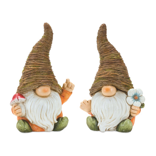 Distressed Garden Gnome Statue with Mushroom and Flower Accent (Set of 2)