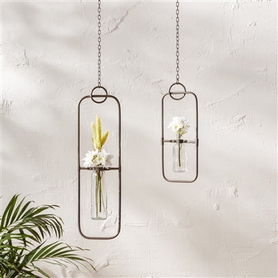 Hanging Bottle Vase in Metal Frame (Set of 2)
