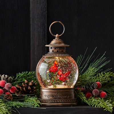 LED Snow Globe Lantern with Cardinal Bird Couple 8.25"H