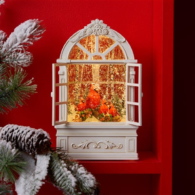 LED Snow Globe Window with Cardinal Family 9"H