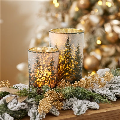 Frosted Pine Mercury Glass Candle Holder (Set of 2)