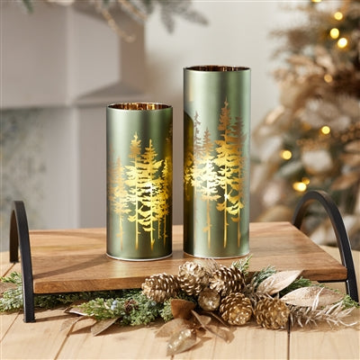 Frosted Pine Trees Glass Candle Holder (Set of 2)
