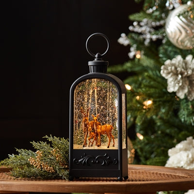 LED Snow Globe Lantern with Forest Deer 9.5"H