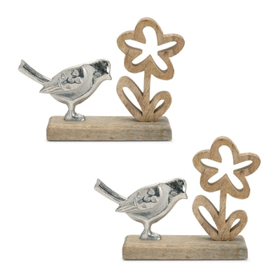 Metal Bird and Flower on Wood Base (Set of 2)
