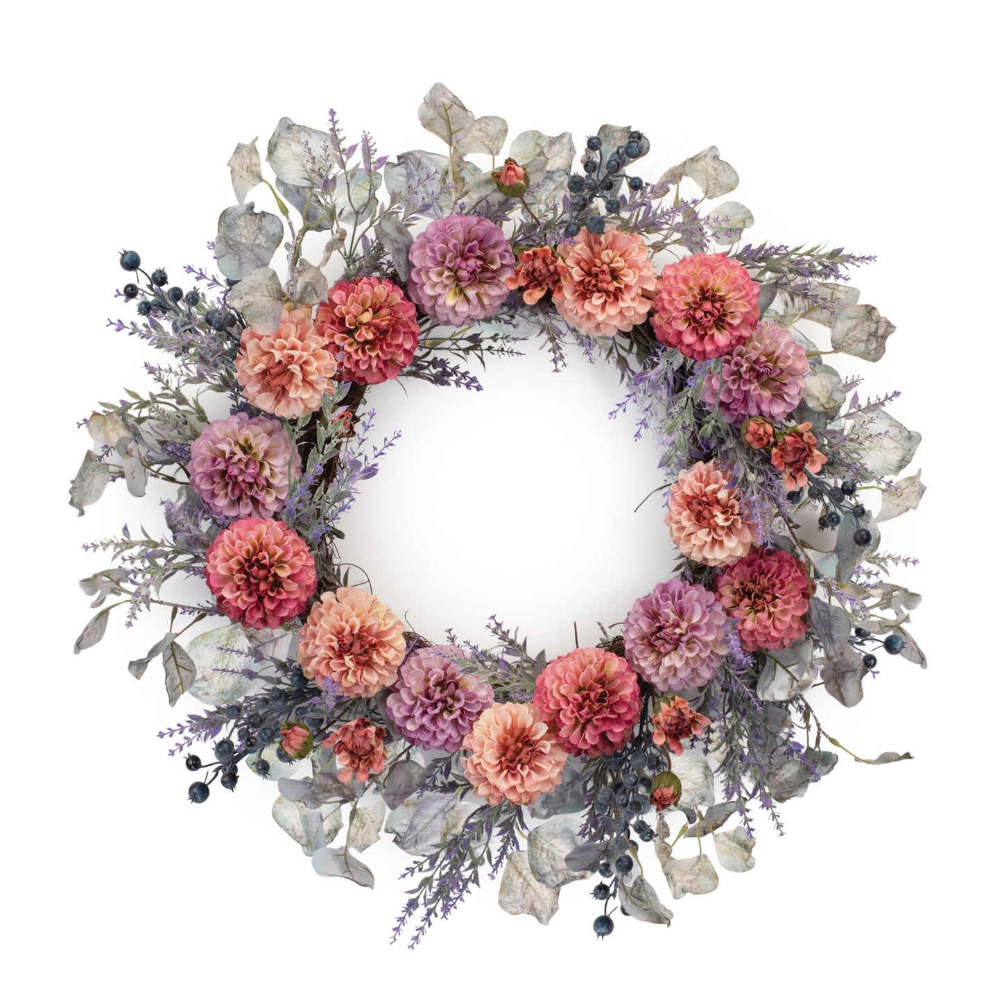 Mixed Zinnia Wreath 24"D Polyester/Twig