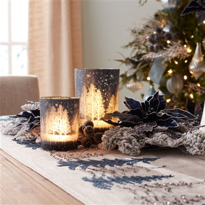 Navy Pine Tree Glass Candle Holder (Set of 2)