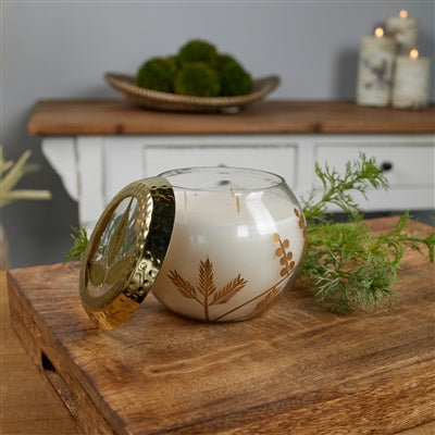 Frosted Juniper Scented Soy Candle with Pressed Leaf Lid 5"D