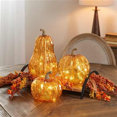 LED Pumpkin (Set of 3) 6.5"H, 4.5"H, 11.5"H Glass 3 AAA Batteries Not Included
