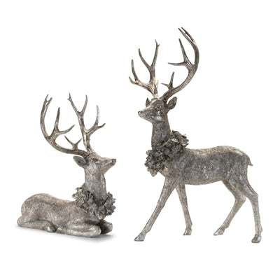 Deer w/Wreath (Set of 2) 15"L x 19"H, 17.5"L x 27.5"H Resin