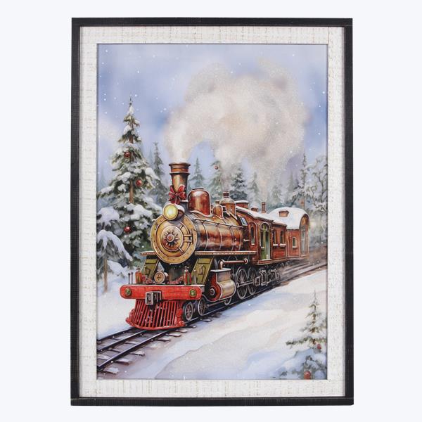 Wood Frame Winter Train Canvas Wall Art With Hand painting LED With Timer