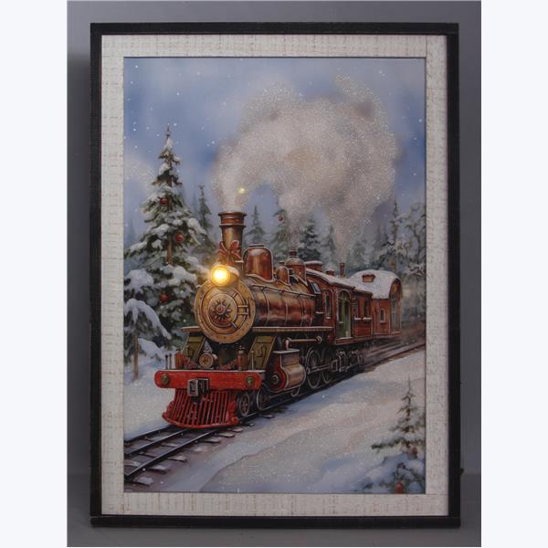 Wood Frame Winter Train Canvas Wall Art With Hand painting LED With Timer