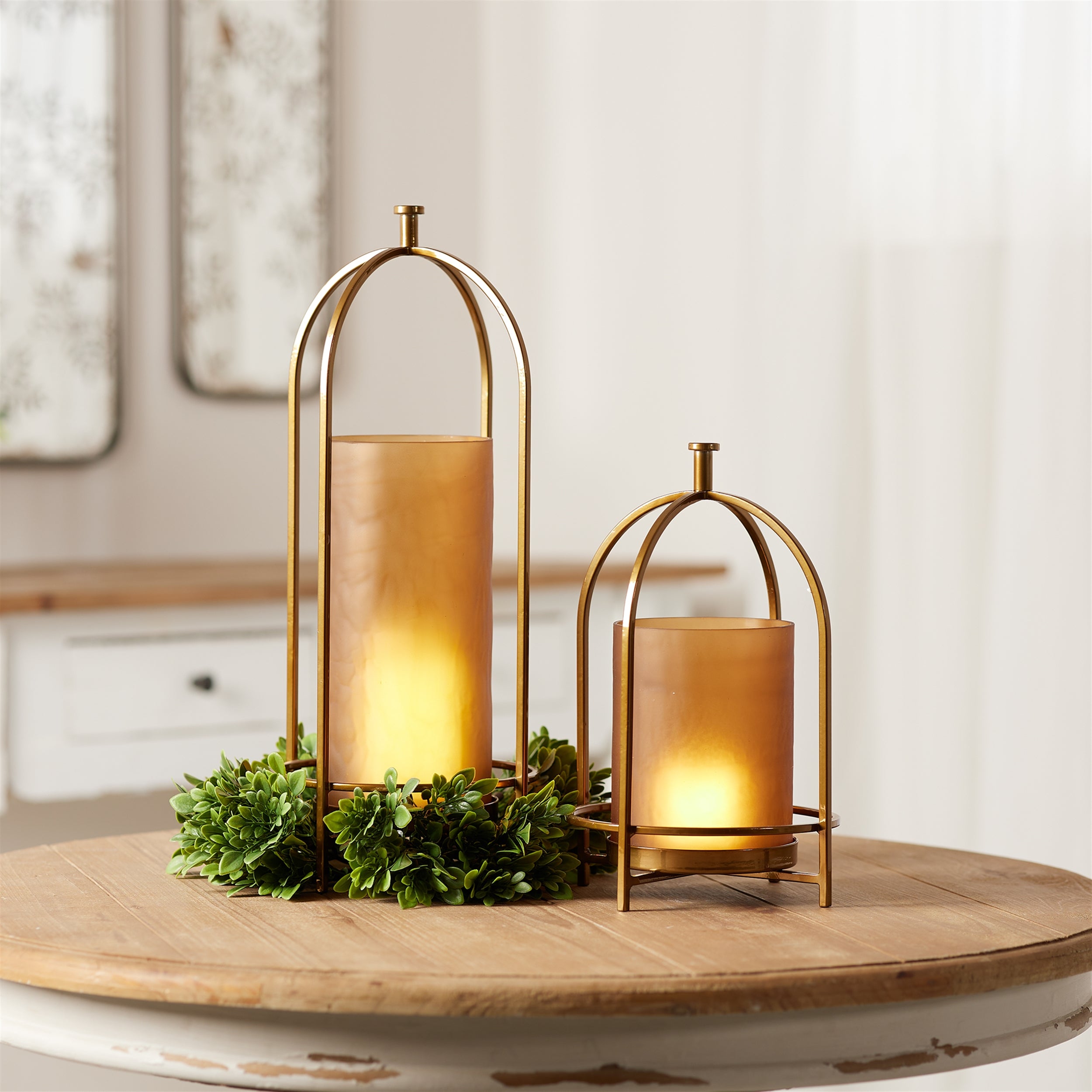Amber Glass Candle Holder with Arched Frame 11.25"H