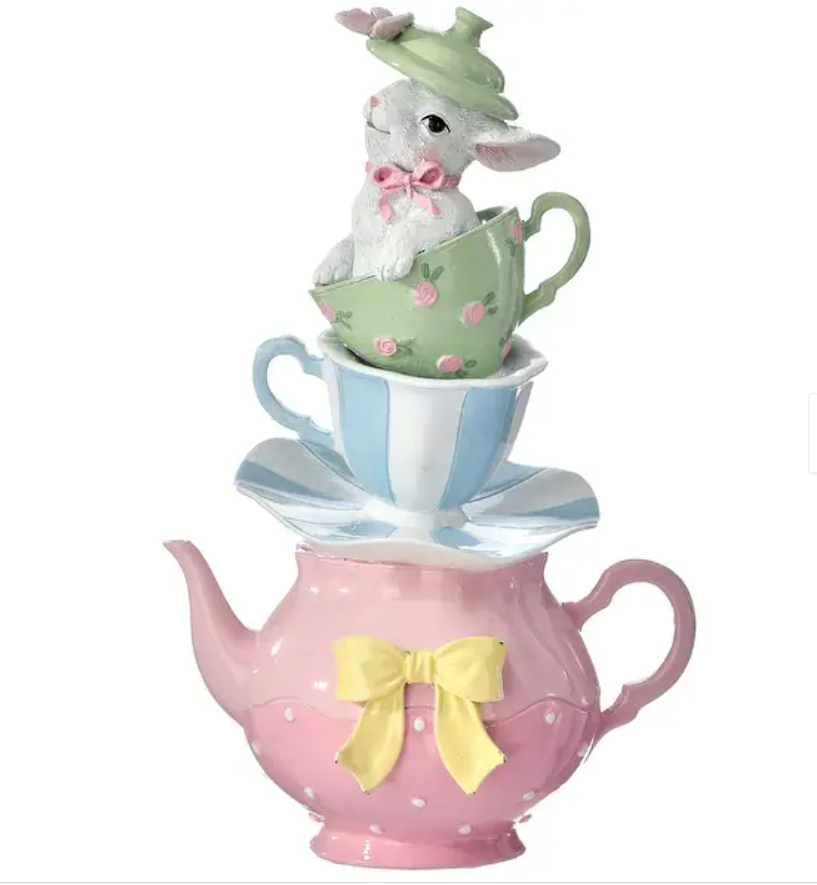 11" Resin Teacup stack with Bunny