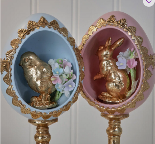 7" Resin Egg Pedestal with Bunny and Chick - set of 2