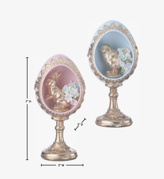 7" Resin Egg Pedestal with Bunny and Chick - set of 2