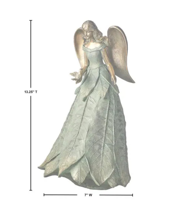 Resin Leaf Pattern Angel with Bird 13.25"