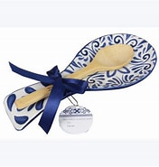 Ceramic Blue and White Talavera Spoon Rest with Bamboo Spoon and Tea Towel