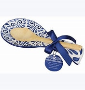 Ceramic Blue and White Talavera Spoon Rest with Bamboo Spoon and Tea Towel