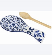 Ceramic Blue and White Talavera Spoon Rest with Bamboo Spoon and Tea Towel